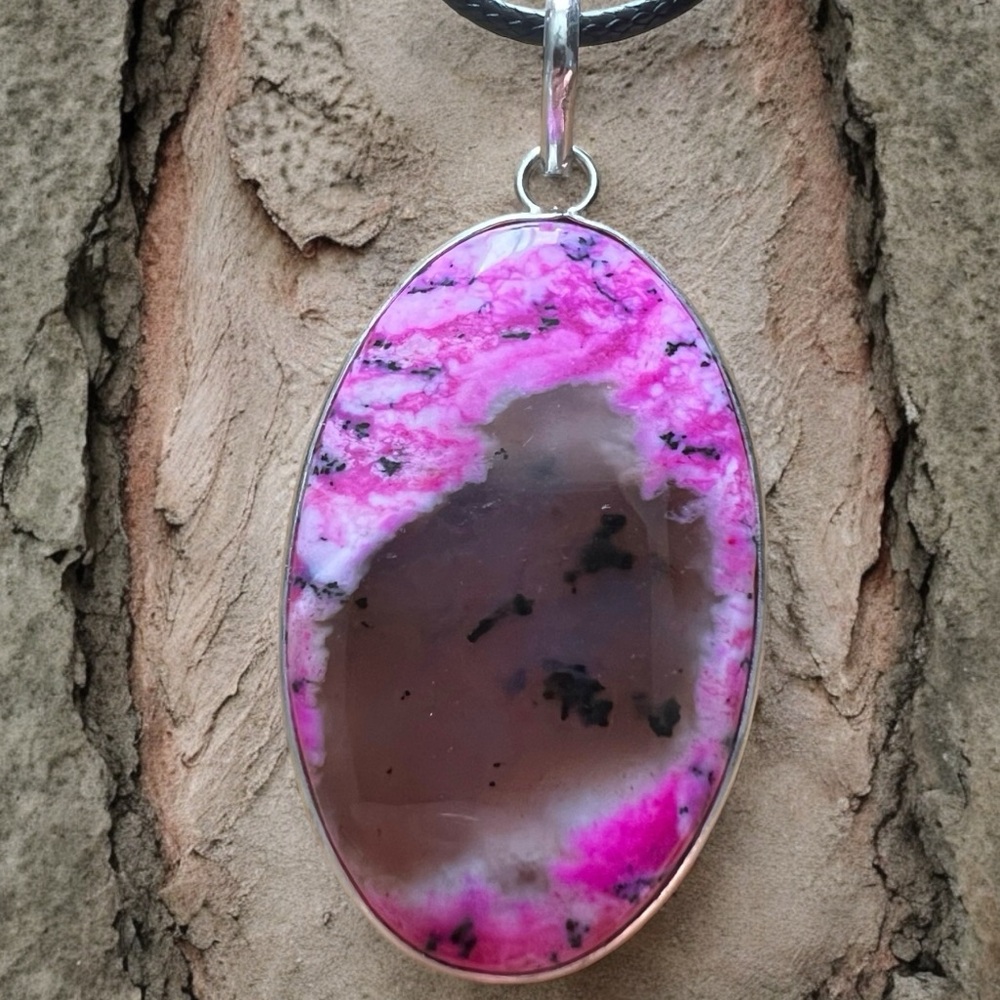 New Pink Dendritic Dendrite Opal Stone Sterling Silver Overlay Pendant Necklace